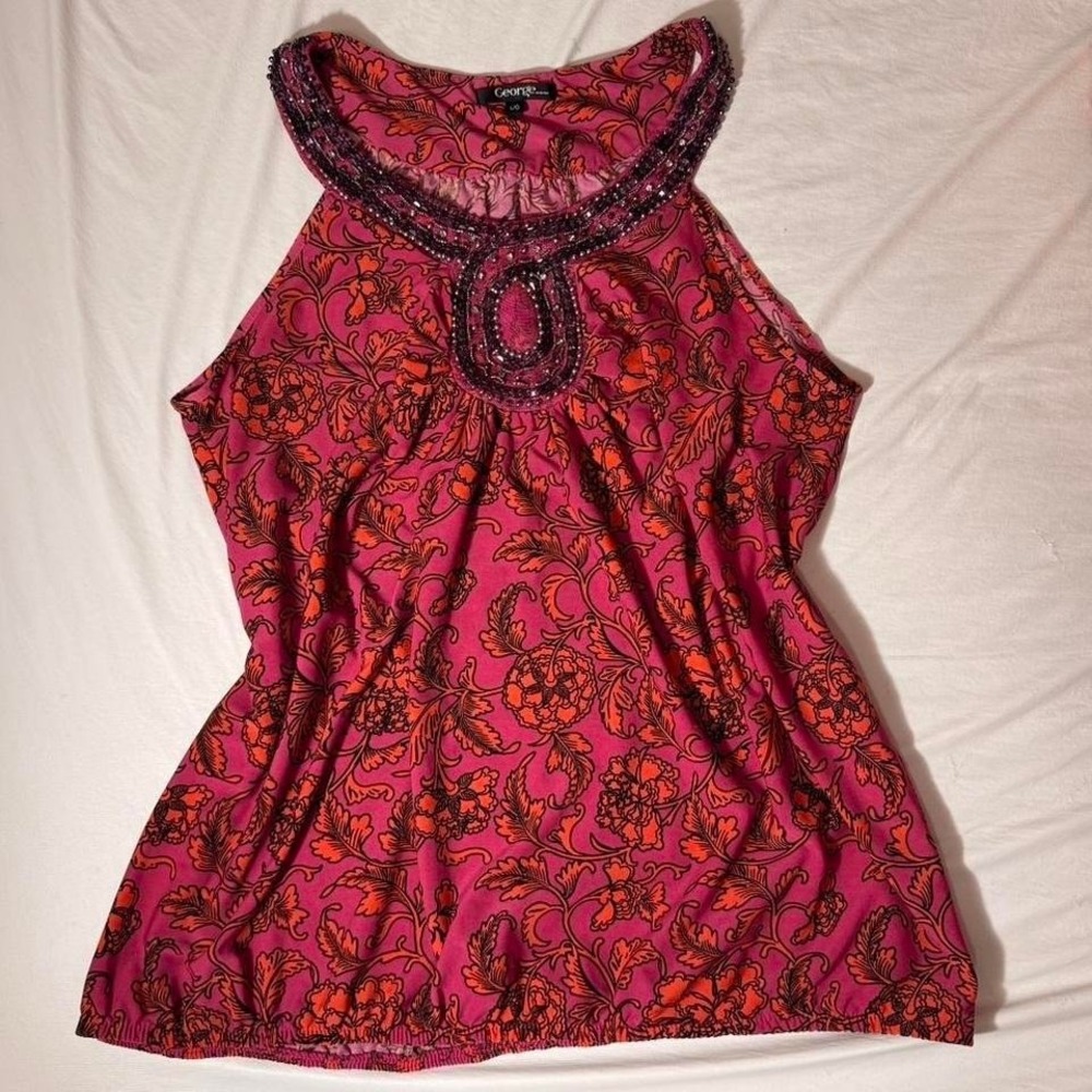 Pink & Orange Y2K Floral Tank Top With Beaded Neckline - Picture 2 of 6